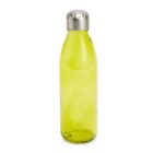 A transparent green glass bottle with a silver screw-on cap, isolated on a white background. The bottle is cylindrical with a smooth surface and slightly tapers near the top.