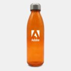 Orange reusable water bottle with a silver cap, featuring the Adobe logo in white on the front.