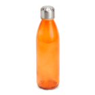 An orange, insulated stainless steel water bottle with a metallic silver screw-on lid, standing upright on a white background.