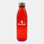 Red drinking bottle with a silver cap, featuring the Red Bull logo and text in white.