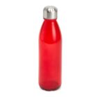 A red reusable water bottle with a shiny silver screw-on cap, standing upright against a plain white background. The bottle is slightly transparent and has a smooth, glossy surface.