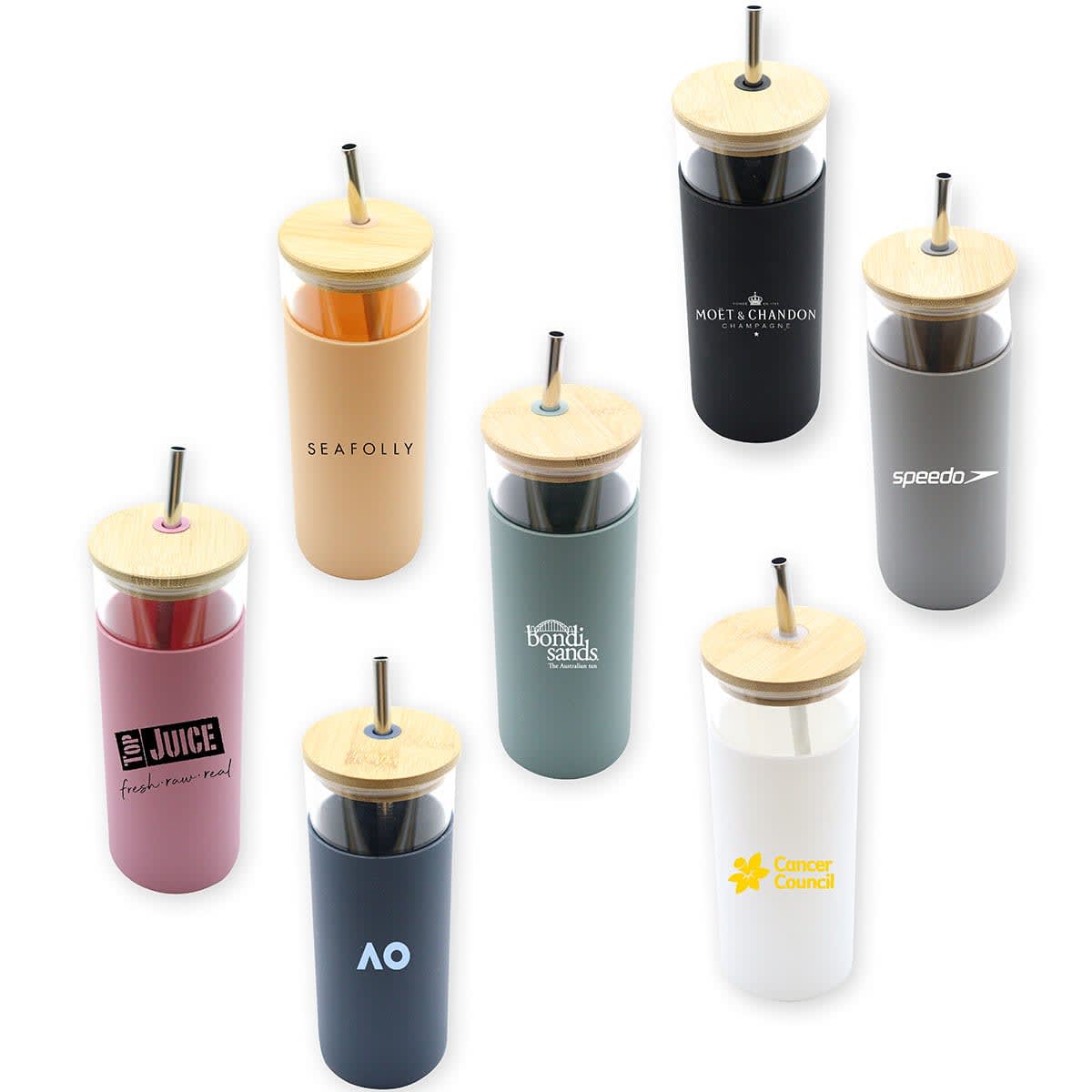 A collection of seven cylindrical bottles with bamboo lids and straws, each featuring different brand logos. The bottles are in various colors, including pink, navy, white, peach, and grey, arranged in a scattered pattern on a white background.
