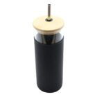 A black tumbler with a bamboo lid and a metal straw inserted through the top. The design is minimalist, with a smooth, cylindrical shape.