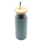 A tall, light green tumbler with a wooden lid and a stainless steel straw. The tumbler appears to be made of glass with a silicone sleeve for grip.