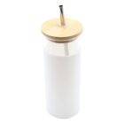 A sleek, white tumbler with a bamboo lid and a stainless steel straw. The design is minimalistic, featuring a smooth, cylindrical shape. The straw is inserted through a central hole in the lid.