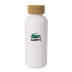 A white water bottle with a cork lid, featuring the Lacoste logo in green and black on its front.