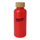 A red water bottle with a cork lid featuring the word Milwaukee and a lightning bolt design in black on its front.
