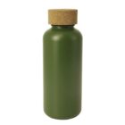 A green, cylindrical water bottle with a round, cork lid stands upright. The bottle has a smooth, matte texture and simple design. The cork lid provides a natural contrast to the bottles solid green color.