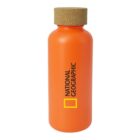 An orange bottle with a cork top featuring the National Geographic logo in black text and a yellow rectangle beneath it.