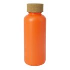 A tall, cylindrical, bright orange bottle with a smooth surface and a wide cork stopper on top. The bottle is centered on a plain white background.