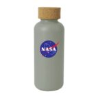Grey bottle with a cork lid featuring the NASA logo, which includes a red chevron streak and a starry background behind the bold white letters NASA in a blue circle.