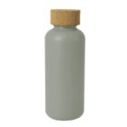 A sleek, matte gray bottle with a cork lid stands against a plain white background. Its minimalist design includes a smooth, cylindrical body.