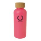 A pink water bottle with a cork lid. The bottle features a laurel wreath logo with the text Fred Perry below it.