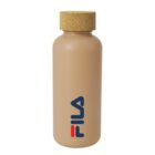 A light brown water bottle with a cork lid. The bottle features the Fila logo in blue and red.