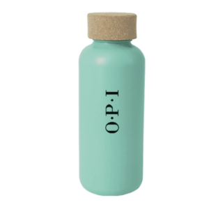 A mint green bottle with a cork lid and the text O·P·I in black on the front. The bottle has a sleek and modern design.