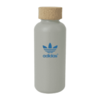 Gray water bottle with a cork lid, featuring a blue Adidas logo with the trefoil design on the front.