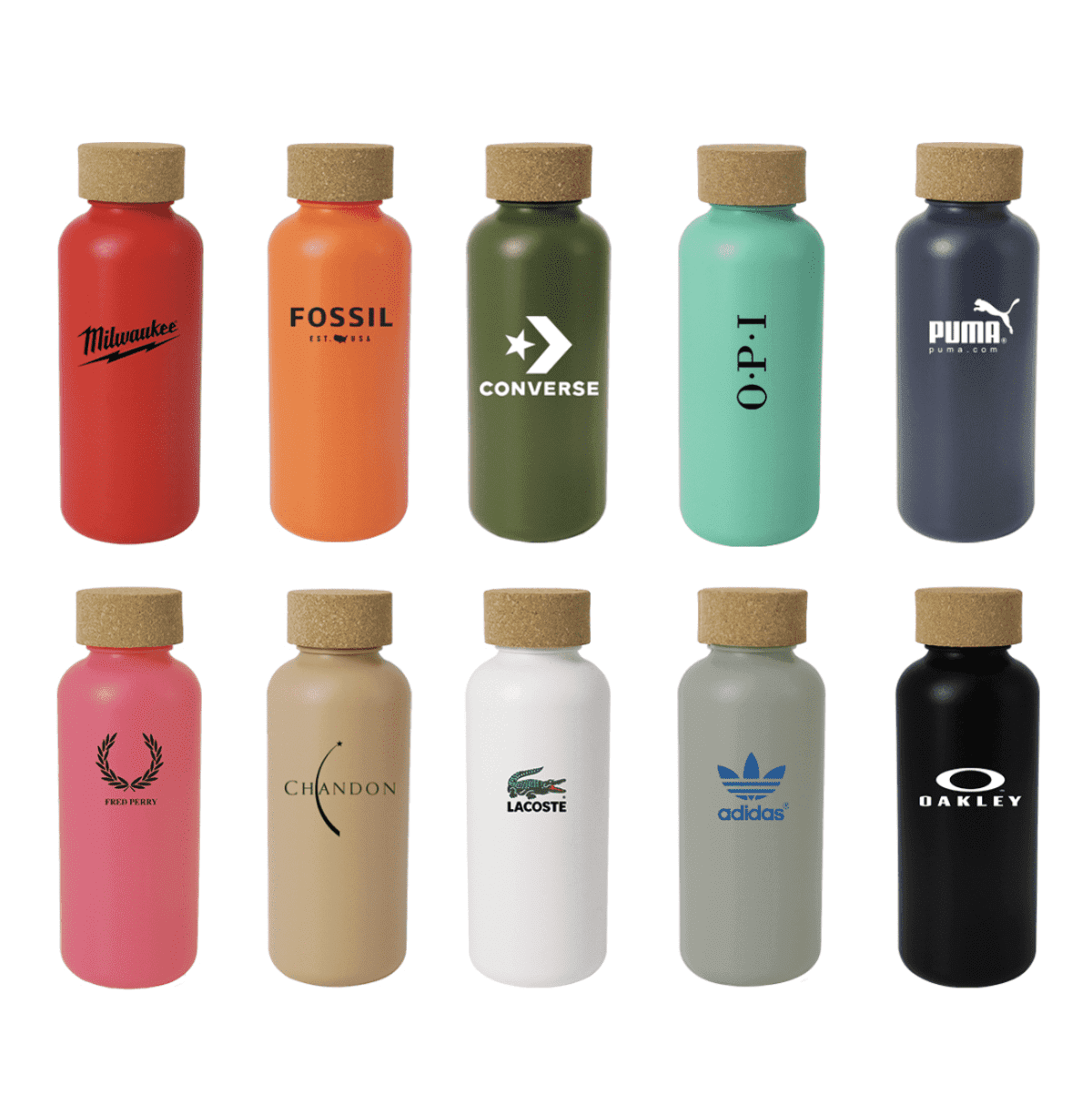 Ten reusable bottles with cork lids, each featuring a different brand logo. They are arranged in two rows of five. Colors vary and include red, orange, green, black, beige, and more.