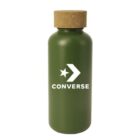 Green water bottle with a cork lid. Features a white Converse logo with a star and arrow on the front.