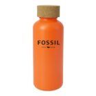 Orange bottle with a cork lid featuring the word Fossil and Est. USA in black letters on its side.