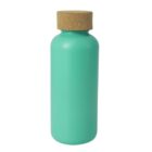 A turquoise bottle with a smooth, matte finish, featuring a wide cylindrical shape and topped with a light brown cork lid.