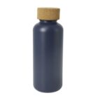 A matte dark blue bottle with a wide mouth and a brown cork lid, standing upright against a plain white background.