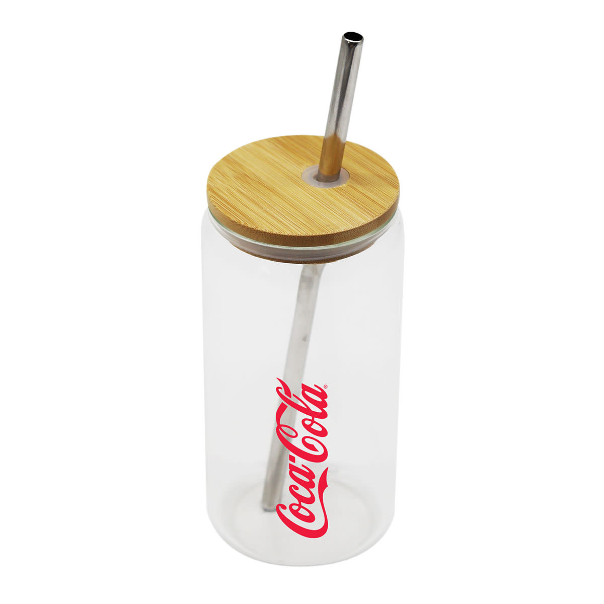 A transparent glass tumbler with a bamboo lid, featuring a stainless steel straw. The tumbler is branded with the Coca-Cola logo in red.