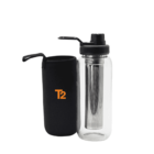 Transparent glass water bottle with a cylindrical infuser and black lid, accompanied by a black neoprene sleeve featuring an orange T2 logo. The sleeve has a handle for easy carrying.