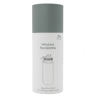 The image shows cylindrical packaging for a Windsor Tea Bottle. The box is gray and white with an illustration of the bottle and text reading Glass Tea Bottle with Stainless Steel Infuser.