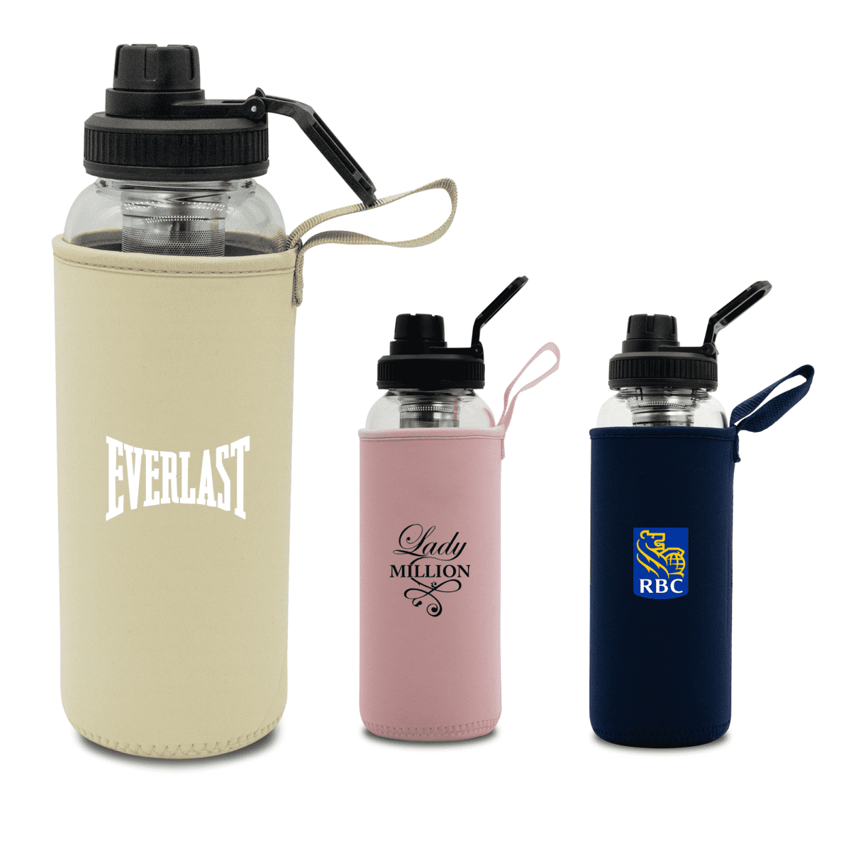 Three transparent water bottles with black spout lids are shown, each in a different color sleeve. The sleeves are beige with Everlast, pink with Lady Million, and navy with an RBC logo. Each sleeve has a carrying strap.