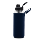A clear water bottle with a black carrying lid and folding straw is enclosed in a dark blue neoprene sleeve with a fabric loop for easy carrying.