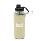A transparent water bottle with a black lid and strap is encased in a beige sleeve featuring the word EVERLAST in white letters.