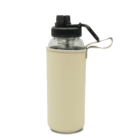 A clear water bottle with a black cap and attached lid is encased in a beige sleeve with a strap.