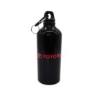 A black metal water bottle with a carabiner attached to the cap. The word Toyota is printed in red on the bottle.