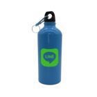 A blue sports bottle with a black cap and a metal clip attached. The bottle features a green speech bubble logo with the word LINE on its front.