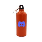 A red water bottle with a black cap and a small metal ring attached. The bottle features a blue logo resembling a game controller with eyes.