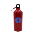 Red water bottle with a blue circle featuring a lowercase f on it. The bottle has a black cap with a metal ring and a small red carabiner attached for easy carrying.