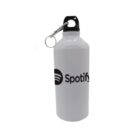 White water bottle with the Spotify logo in black. It has a black cap with a metal carabiner attached. The background is plain white.