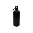 A sleek black metal water bottle with a screw-top lid and an attached carabiner for easy carrying, standing upright against a plain white background.