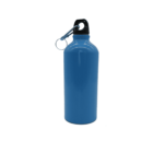 A blue metal water bottle with a black screw cap and a silver carabiner hook attached to the top. The bottle is standing on a white background.