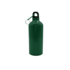 Green metal water bottle with a black cap and a silver carabiner clip attached to the top, standing upright against a white background.