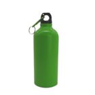 Green water bottle with a black cap and silver carabiner hook, set against a plain white background.