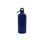 A blue metal water bottle with a black cap and a silver carabiner attached. The bottle is standing upright against a plain white background.