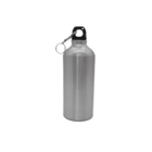 Silver metallic water bottle with a black cap and a small attached carabiner clip. The bottle has a smooth, cylindrical shape and stands upright against a plain white background.