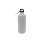 A plain white metal water bottle with a black screw-on cap and a silver carabiner clip attached to the lid, standing upright against a white background.