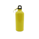 Yellow metal water bottle with a black cap and a silver carabiner attached to the loop. The bottle is standing upright against a plain white background.