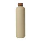 A beige cylindrical bottle with a flat, brown cap against a white background.