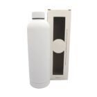 A plain white cylindrical water bottle with a matching cap is positioned next to a minimalistic white rectangular box. The box has a vertical window cut-out displaying part of the bottle inside.