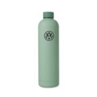 A tall, light green water bottle with a matte finish. It features a black logo of a circle with a VW inside it. The bottle has a matching green twist cap.