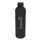 A black cylindrical water bottle with a screw-on cap, featuring the logo and text FE fundinfo in white on its surface.