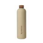 A beige Nespresso reusable bottle with a brown cap stands upright. The Nespresso logo is vertically printed on its side.